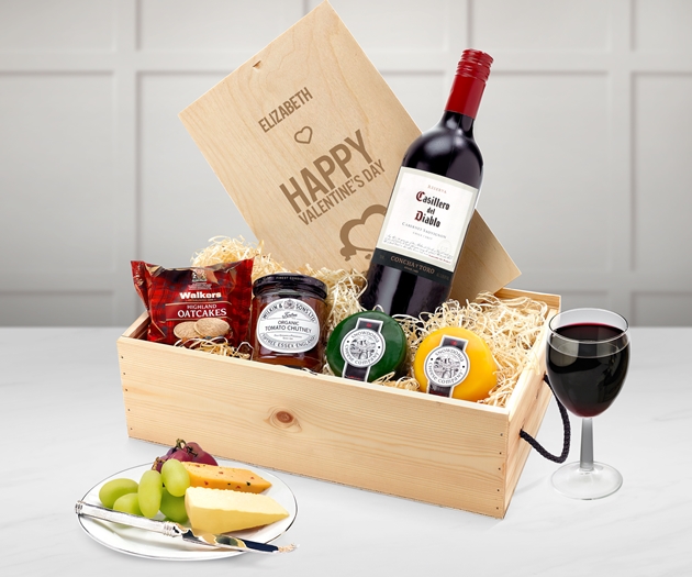 Valentine's Day Cheese & Wine Favourites With Engraved Personalised Lid